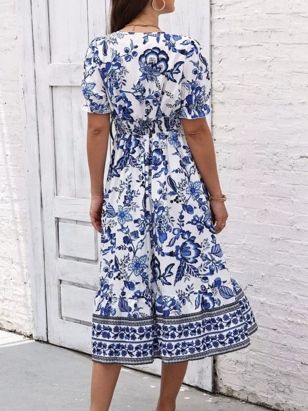 Floral Print Puff Sleeve Wrap Midi Dress, image 8