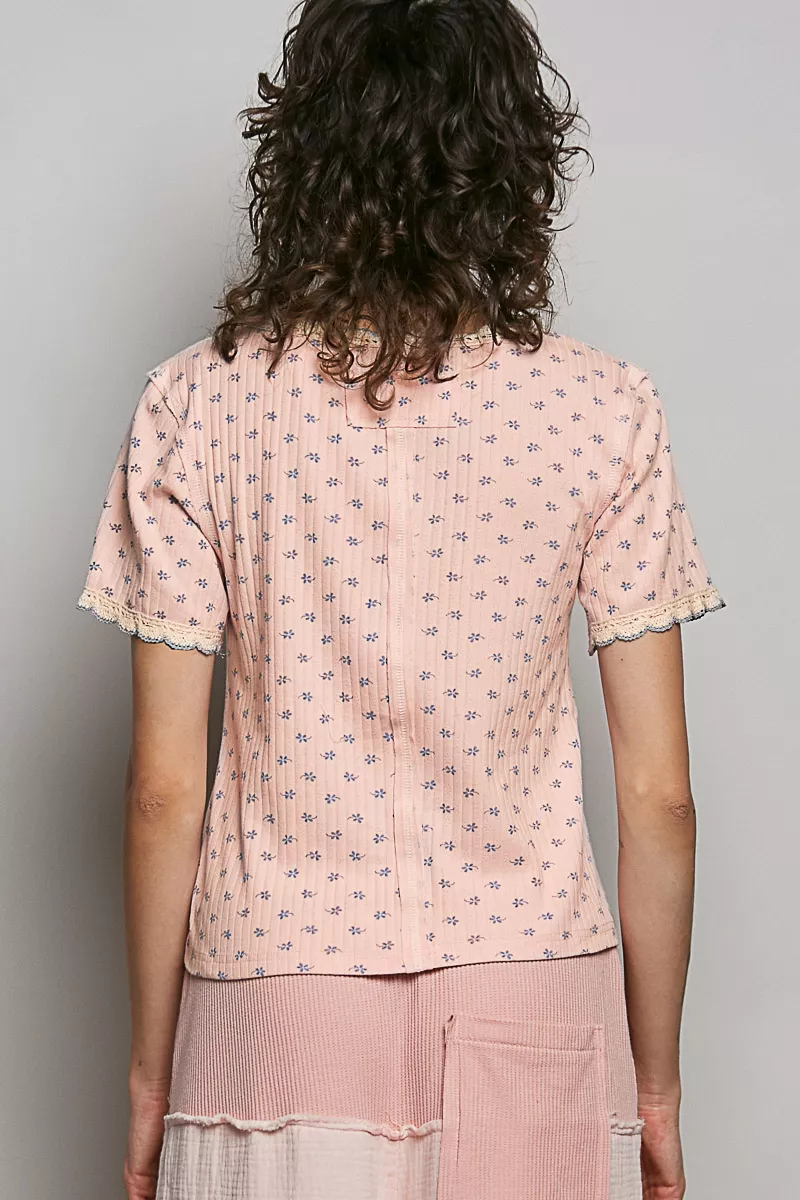 Floral V-Neck Short Sleeve Rib T-Shirt, image 4