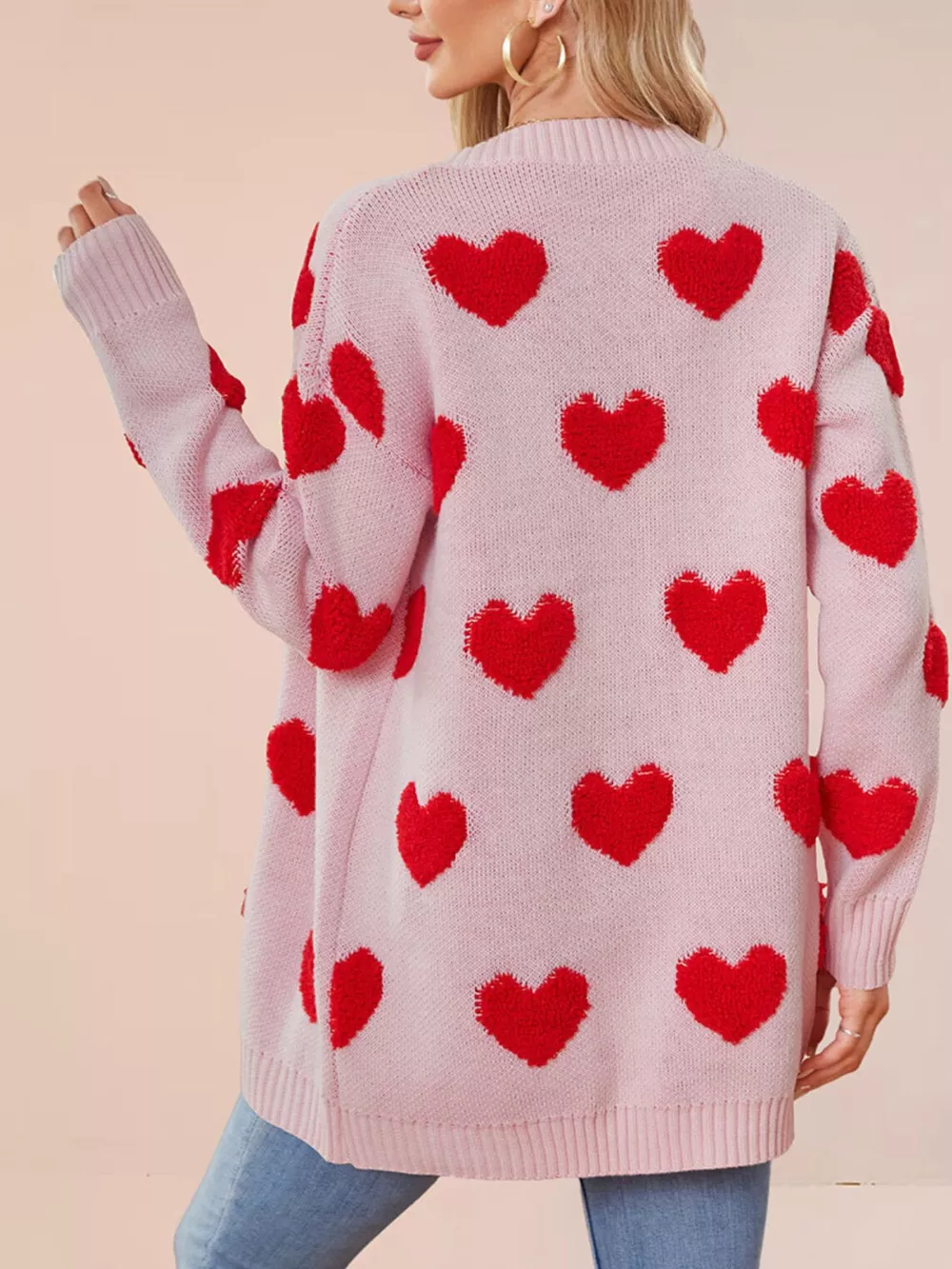Heart Pattern V-Neck Button-Down Knit Cardigan, image 8