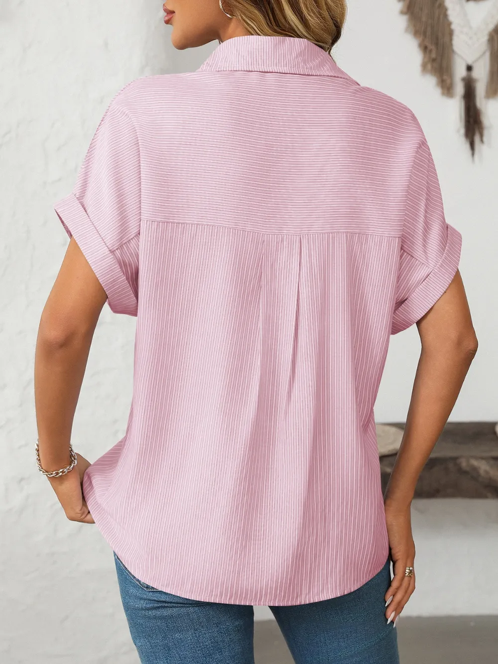 Pocketed Striped Collared Neck Short Sleeve Shirt, image 13