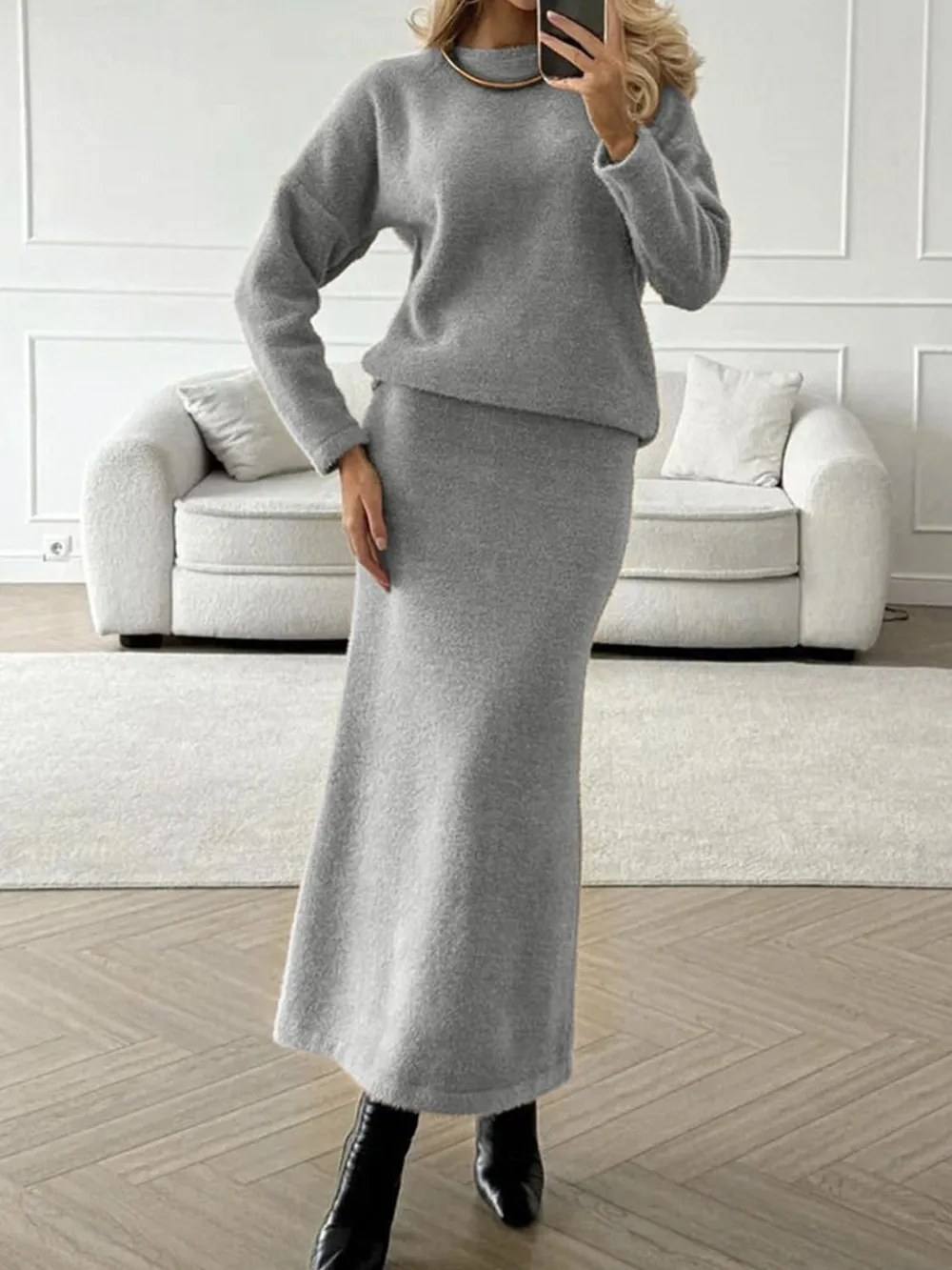 Round Neck Dropped Shoulder Top and Midi Skirt Sweater Set, image 6