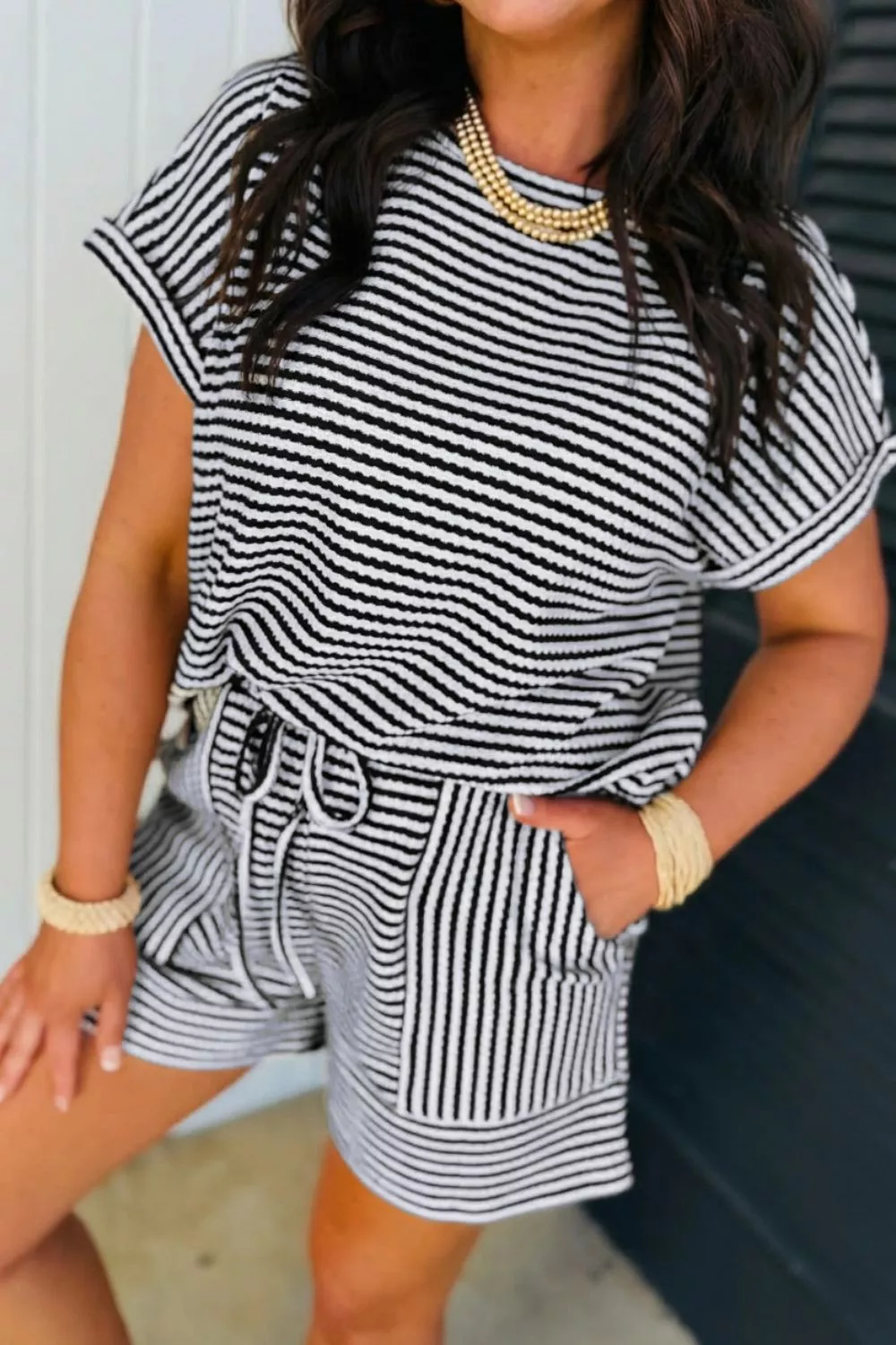 Striped Knit Short Sleeve Tee and Shorts Set, image 4