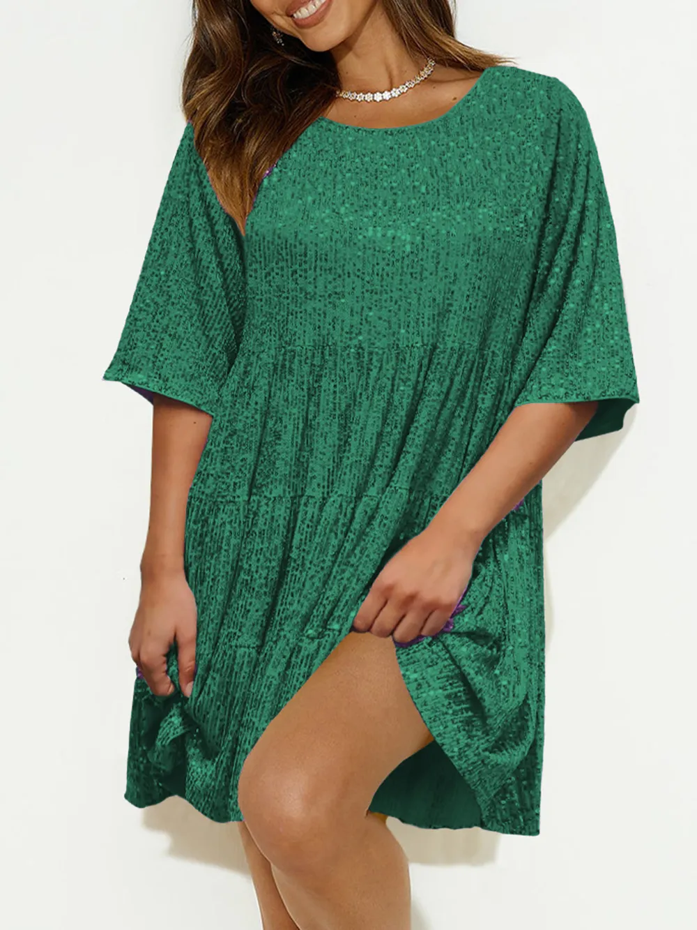 Sequin Round Neck Half Sleeve Mini Dress, image 7