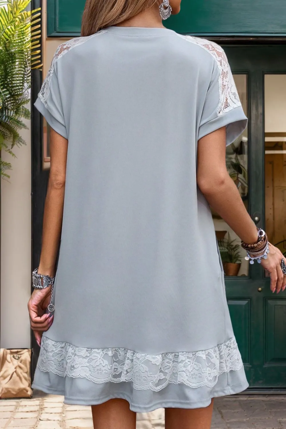 Lace Detail Round Neck Short Sleeve Dress, image 3