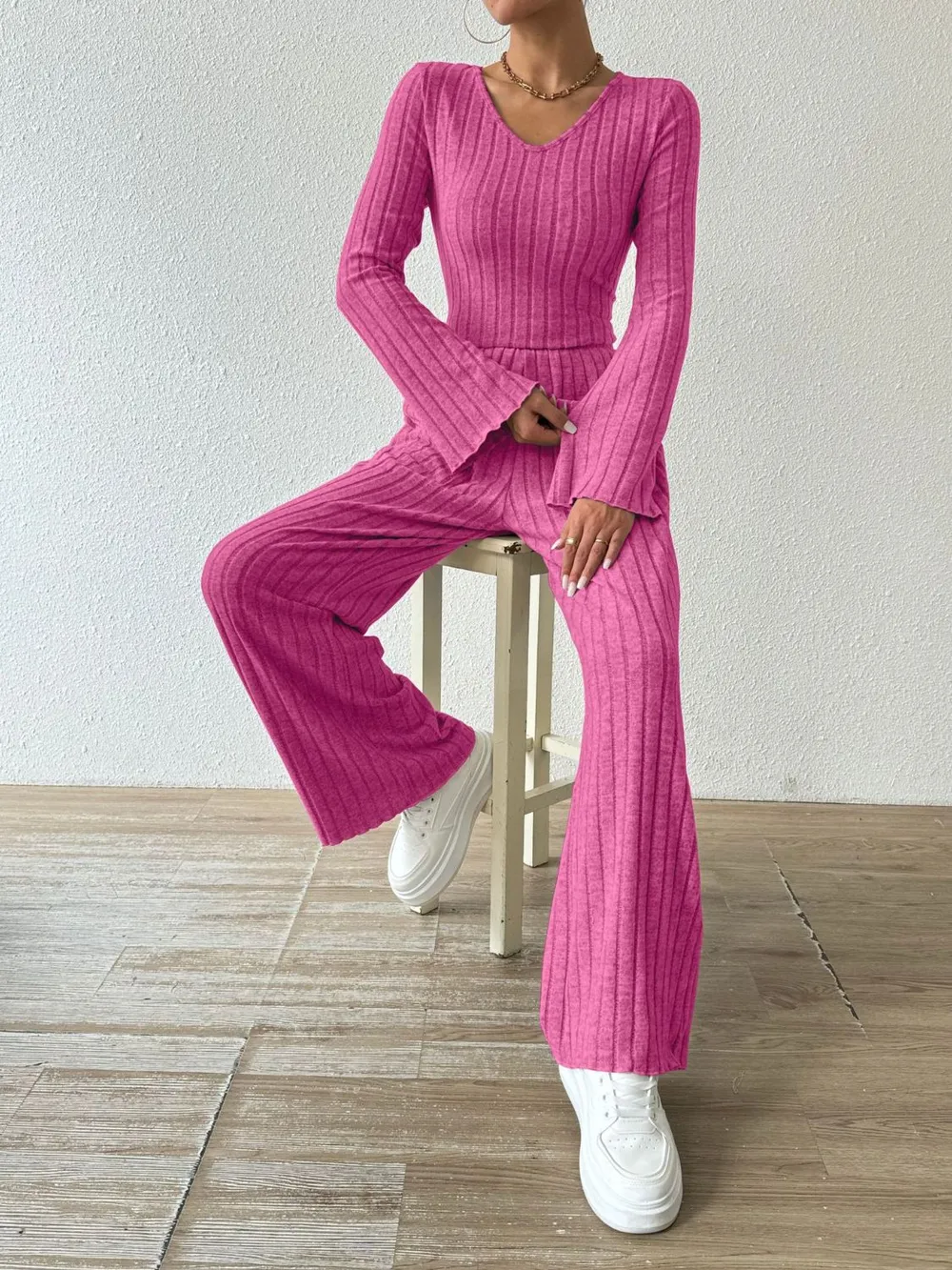 Ribbed V-Neck Long Sleeve Top and Pocketed Pants Set, image 18