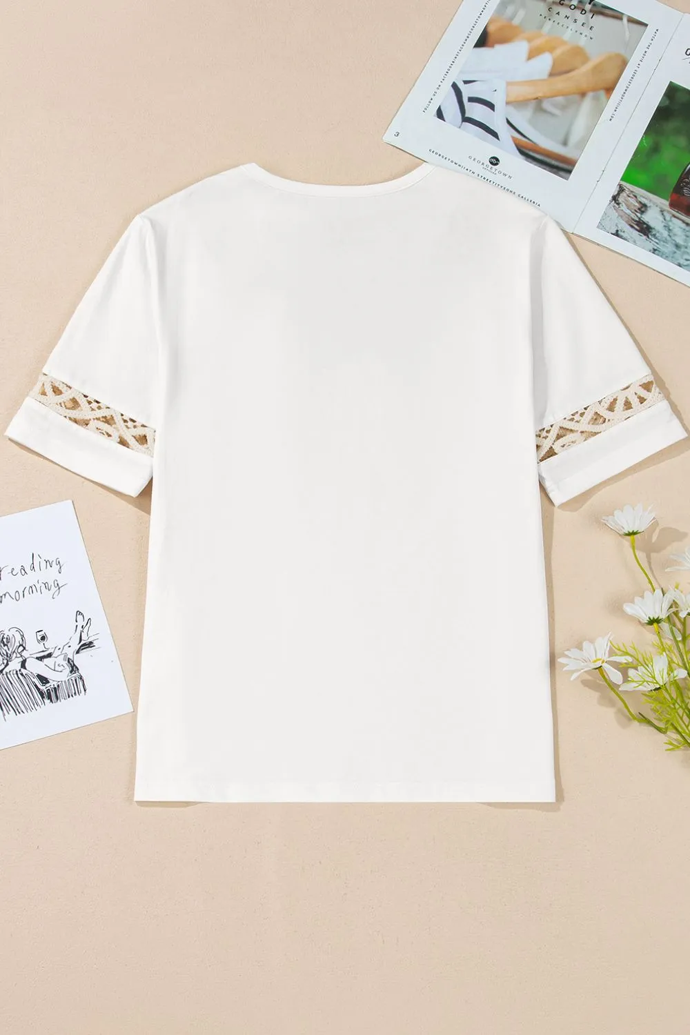 Lace Crochet Crew Neck Casual T Shirt, image 4