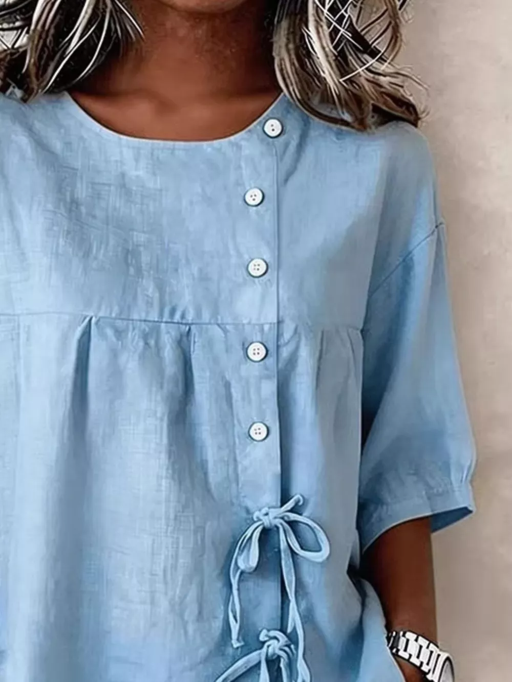 Full Size Decorative Button Tie-Front Blouse Plus Size, image 7