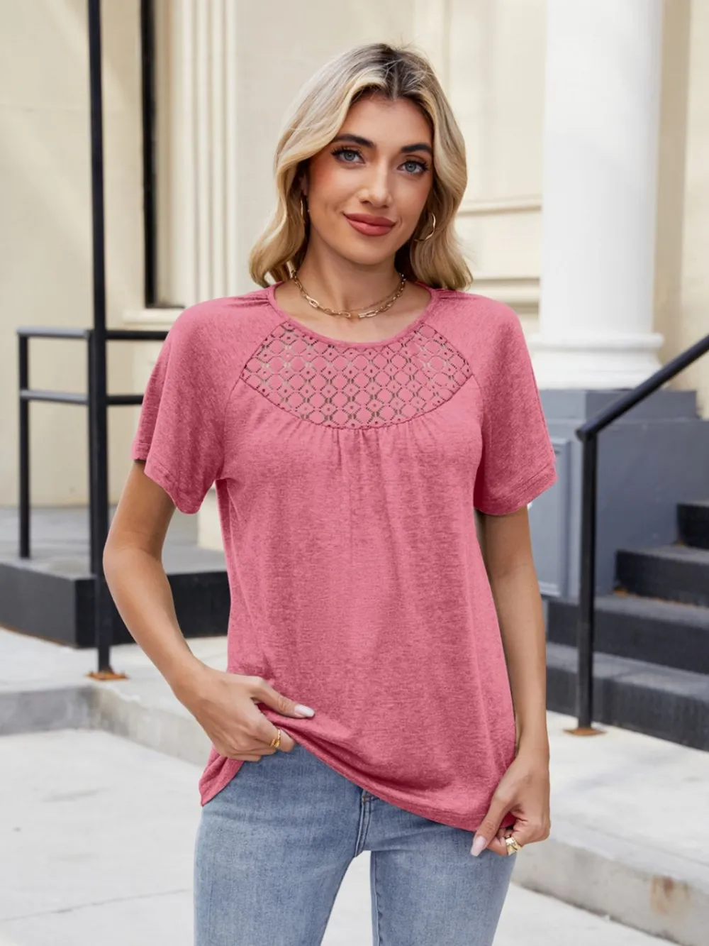 Lace Detail Round Neck Short Sleeve Blouse, image 9