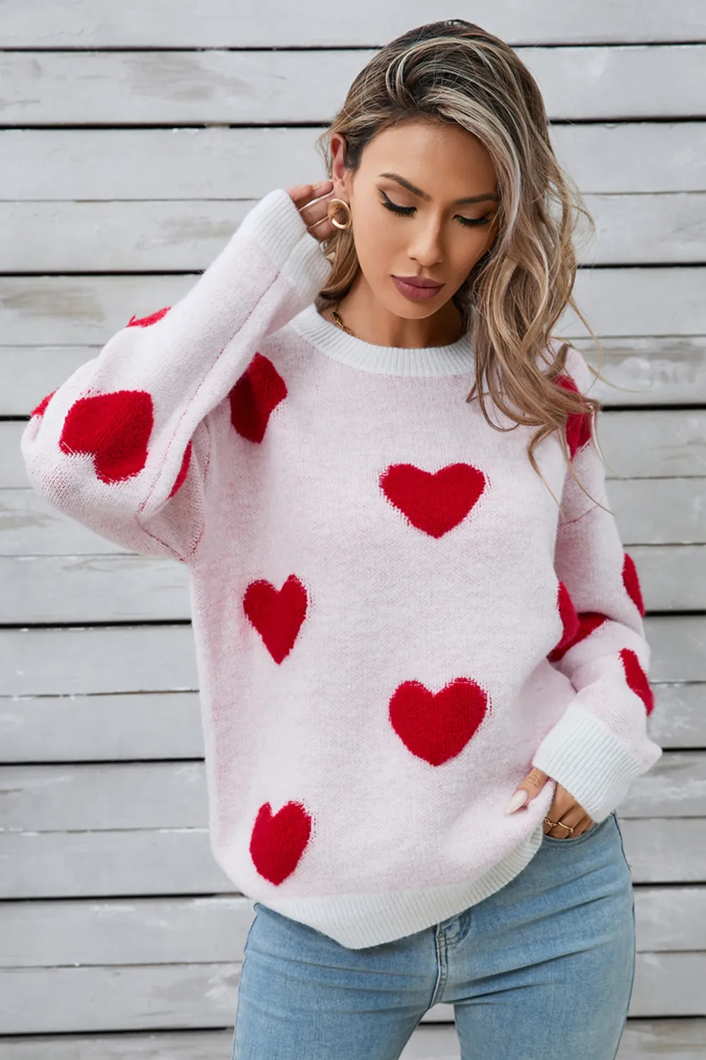 Heart Round Neck Long Sleeve Sweater, image 2
