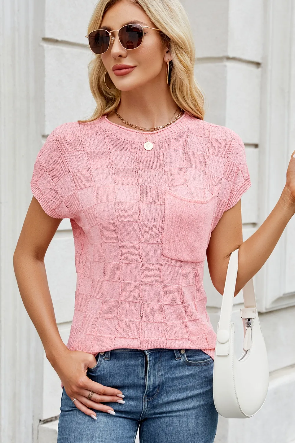 Checkered Round Neck Short Sleeve Knit Top, image 3