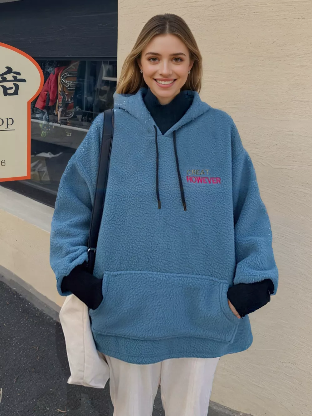 Drawstring Sherpa Kangaroo Pocket Hoodie, image 5