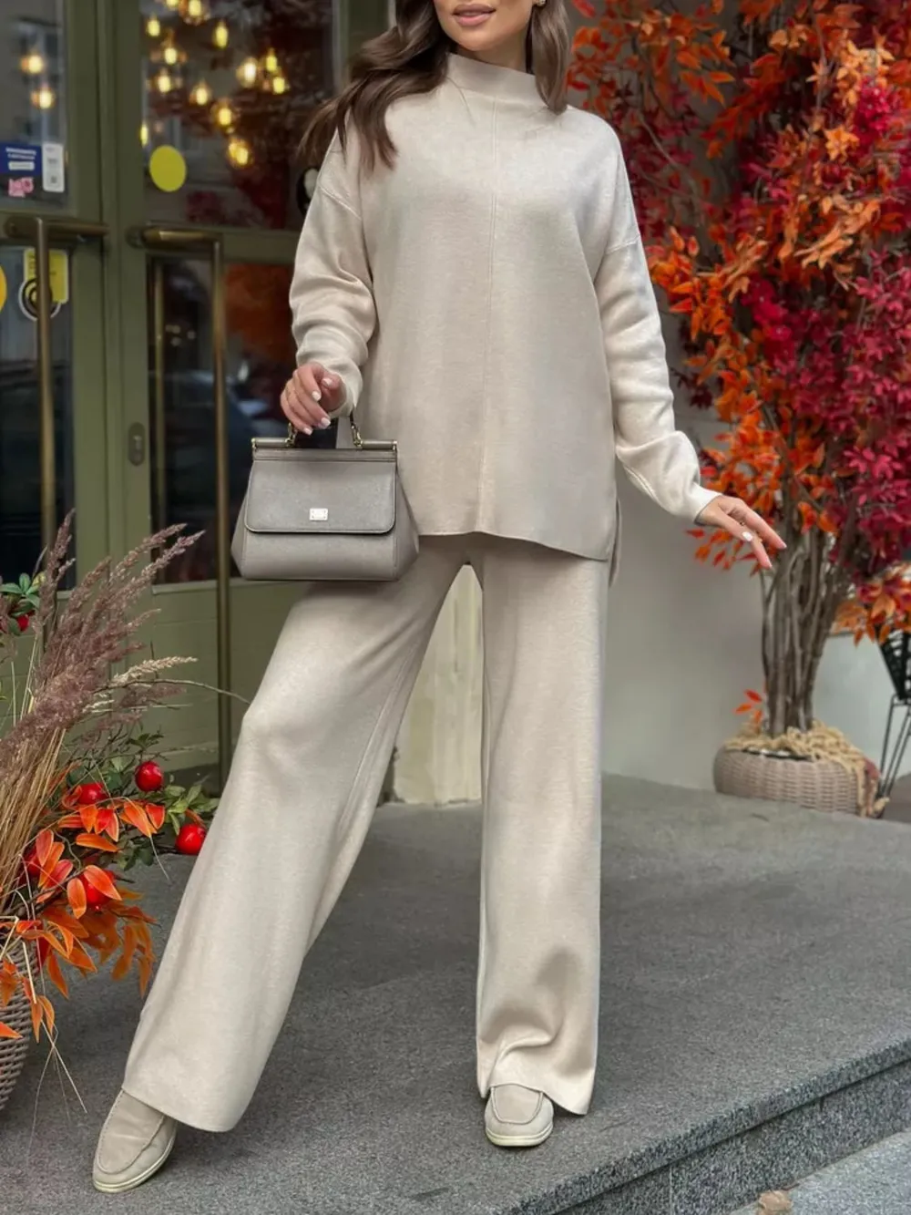 Slit Mock Neck Top and Pants Sweater Set, image 2