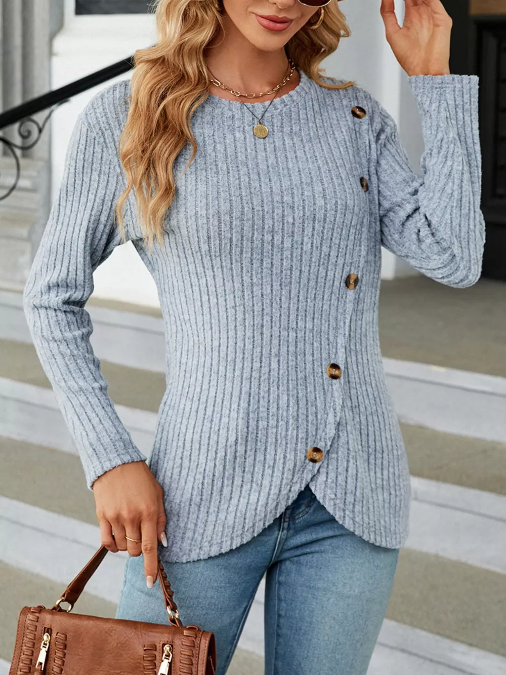 Ribbed Knit Decor Button T-Shirt, image 2
