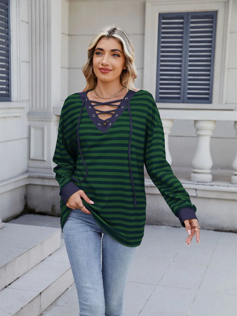 Lace-Up Striped Long Sleeve T-Shirt, image 20