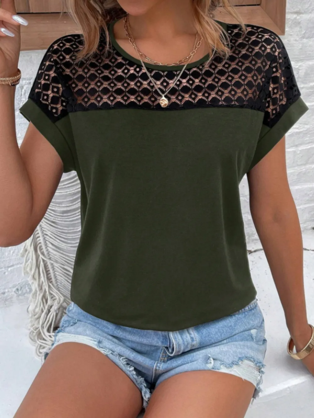 Lace Round Neck Short Sleeve T-Shirt, image 2