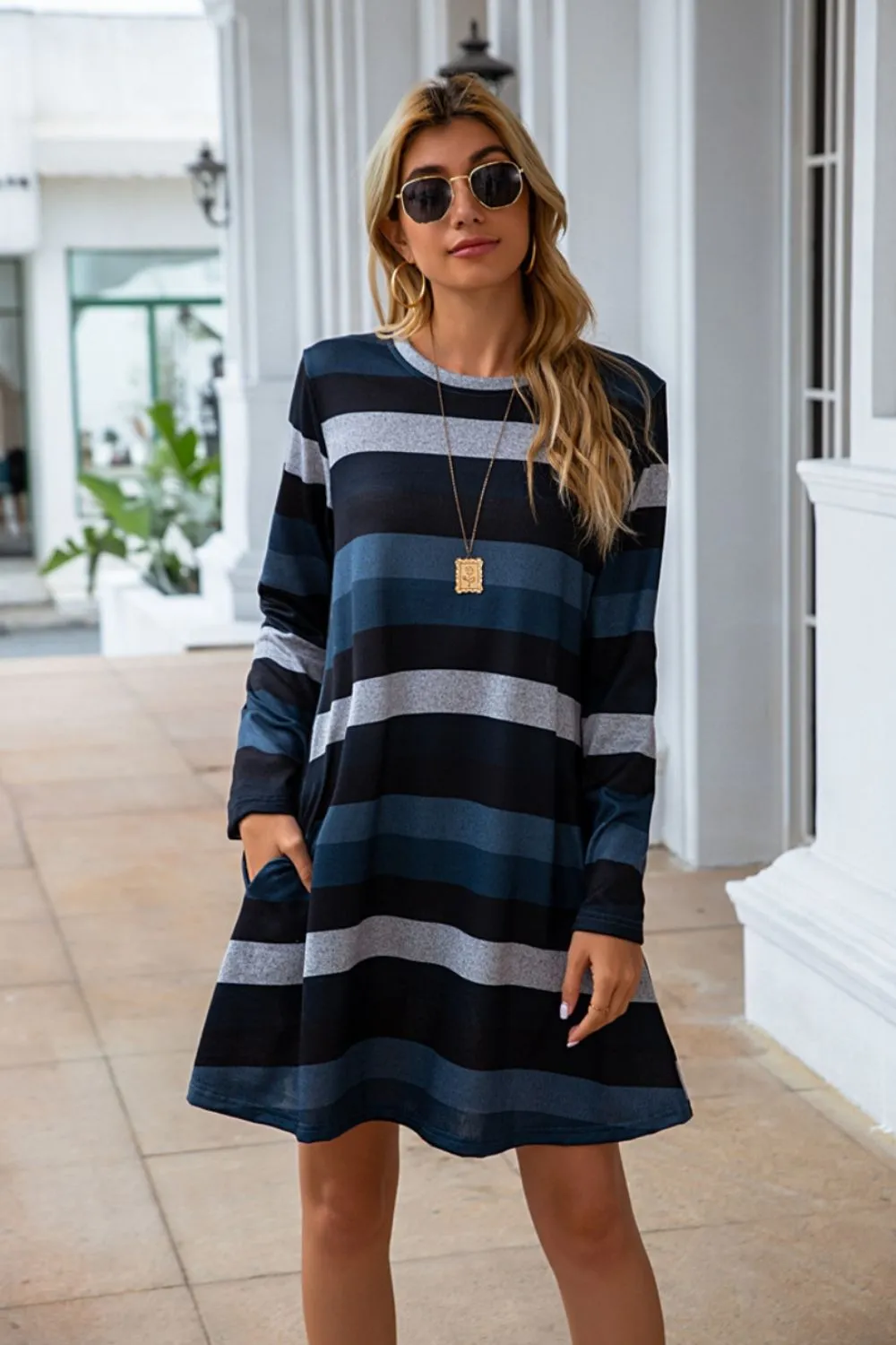 Striped Round Neck Long Sleeve Dress, image 9