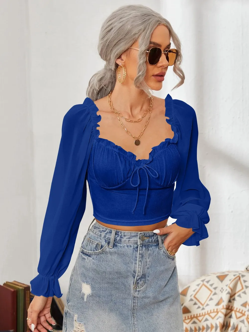 Mesh Sweetheart Neck Flounce Sleeve Top, image 10