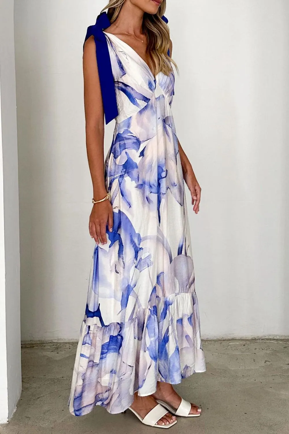 Printed V-Neck Tie Shoulder Midi Cami Dress, image 6