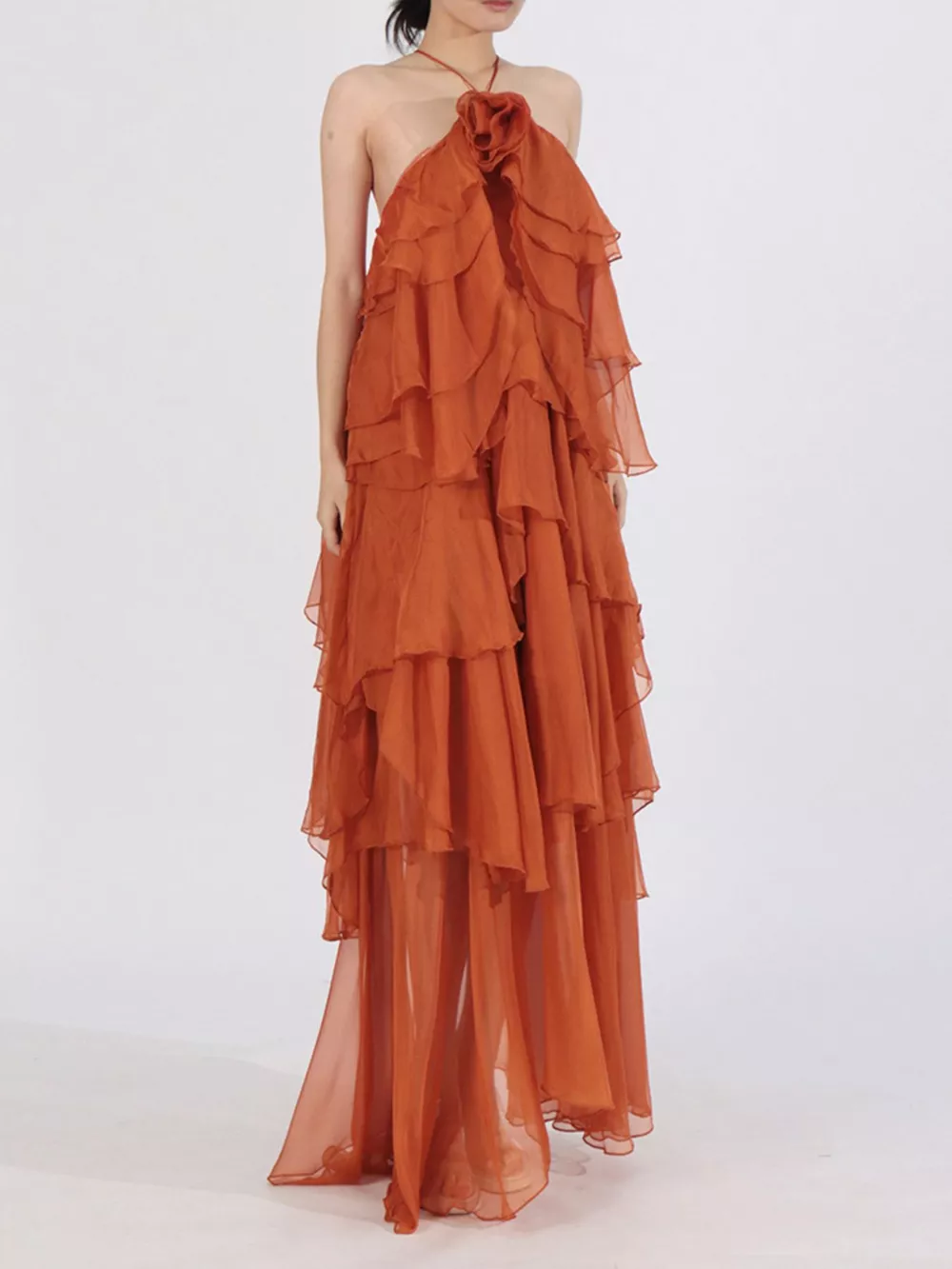 Ruffled Chiffon Halter Neck Maxi Dress, image 7