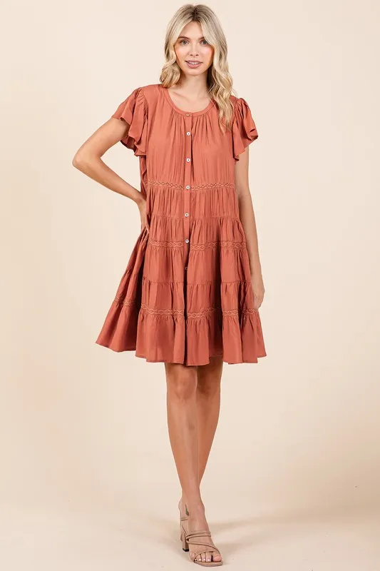 Lace Detail Ruffled Button Down Tiered Dress, image 6