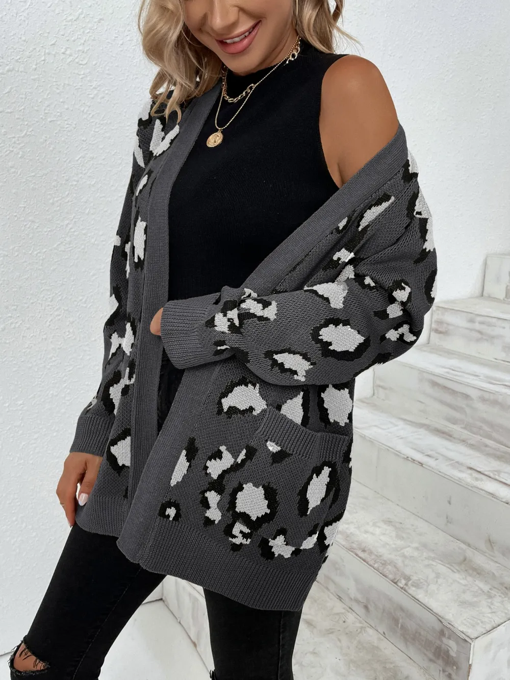 Leopard Open Front Dropped Shoulder Cardigan, image 15