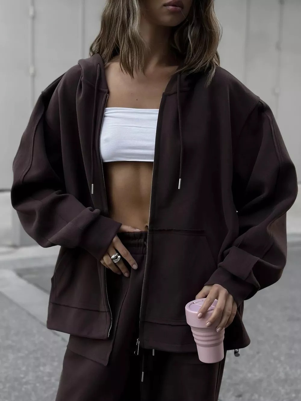 Oversized Zip-Up Hoodie and Wide-Leg Pants Set, image 14