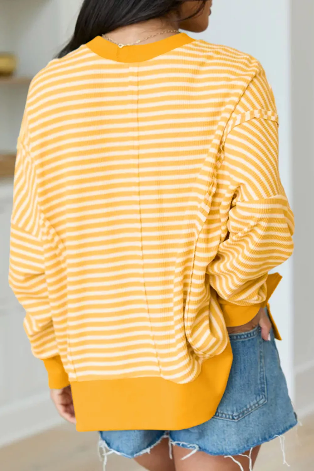 Stripe Halloween Pumpkin Face Waffle Knit Pullover Loose Top with Slits, image 5