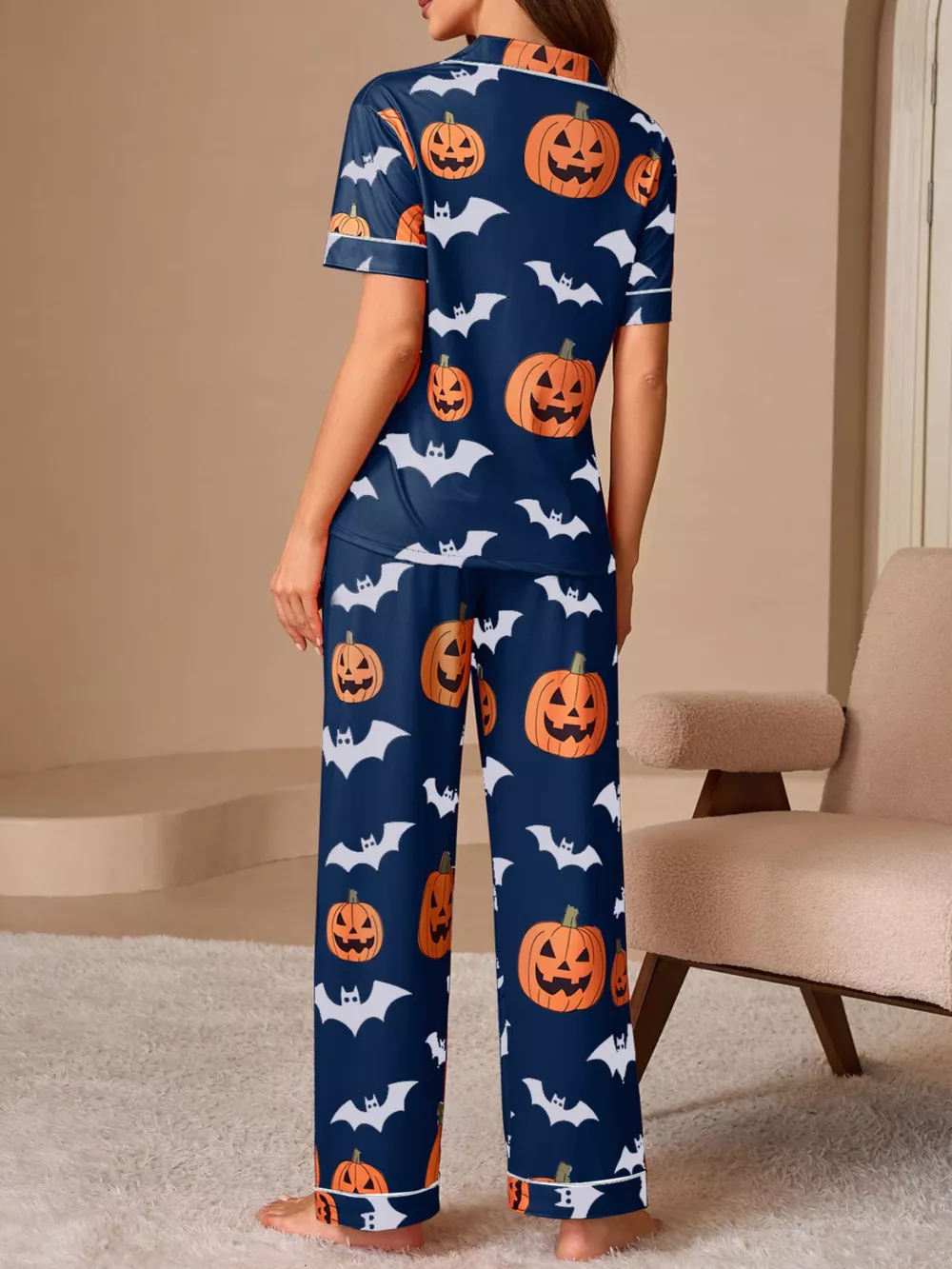 Halloween Pumpkin and Bat Print Button-Down Top and Pants Lounge Set, image 5