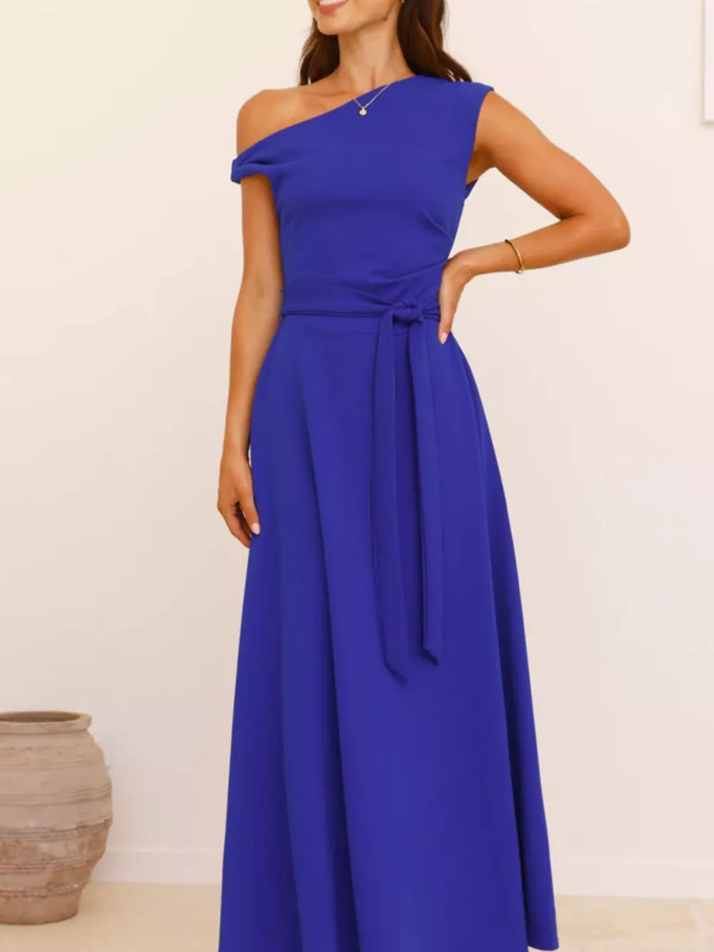 Single Shoulder Tie Waist Maxi Dress, image 5