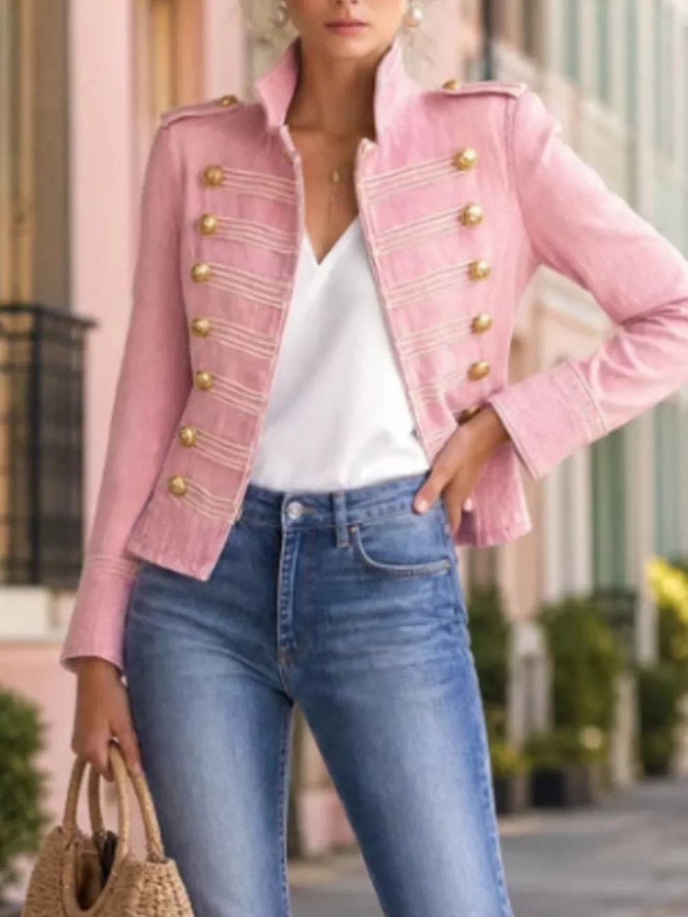Military-Inspired Denim Jacket with Gold Button Detailing, image 3