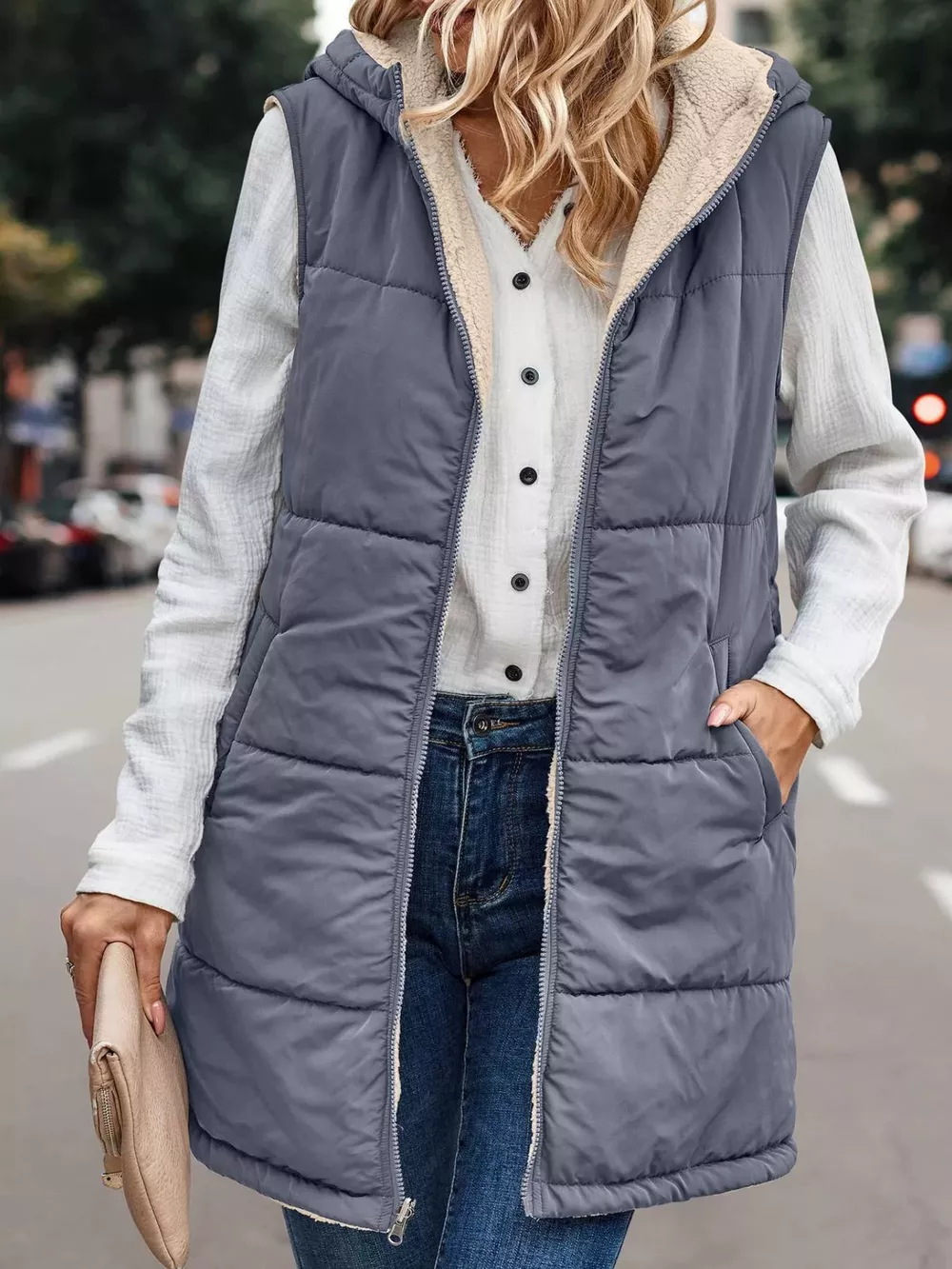 Full Size Hooded Sherpa-Lined Puffer Vest Coat Plus Size, image 3