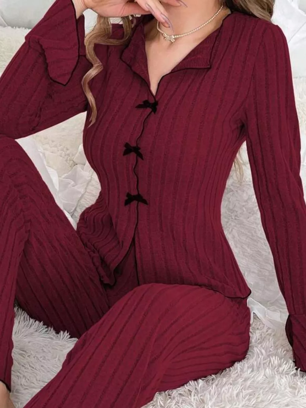 Contrast Bow Detail Top and Pants Lounge Set, image 19