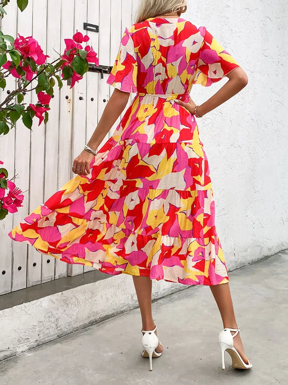 Printed V-Neck Flutter Sleeve Midi Dress, image 3