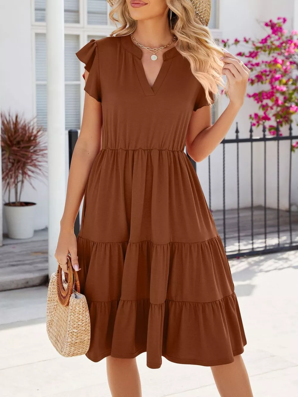 Ruffled Notched Tiered Midi Dress, image 10