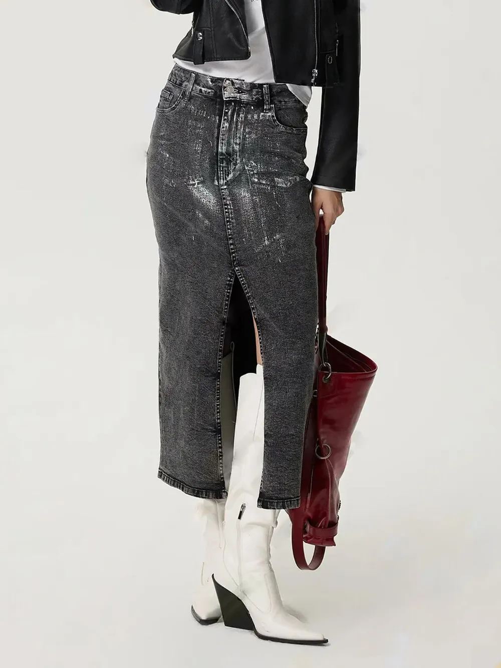 Slit Midi Denim Skirt with Pockets, image 5