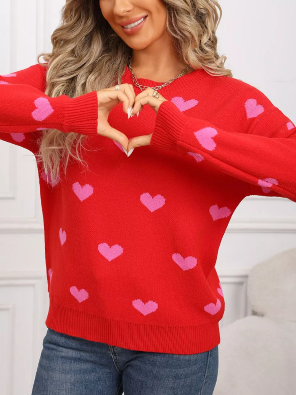 Valentine's Day Heart Pattern Dropped Shoulder Sweater, image 12