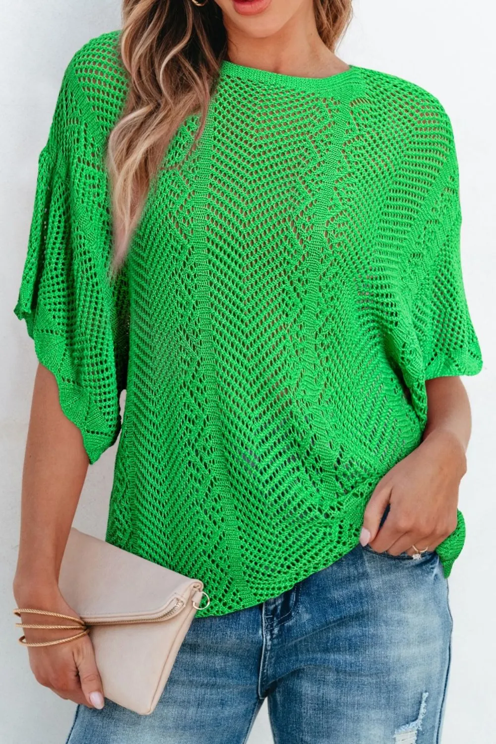 Scallop Edge Half Sleeve Pointelle Knit Top, image 9