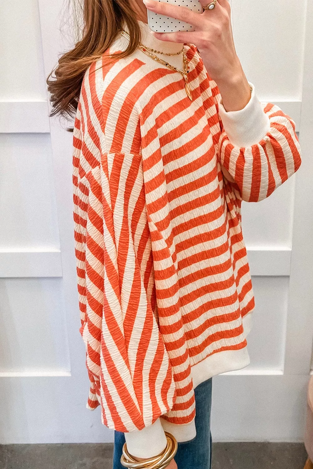 Striped Textured Stand Neck Oversized Long Sleeve Top, image 4