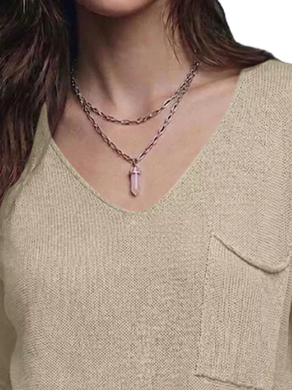 V-Neck Chest Pocket Knit Top, image 20