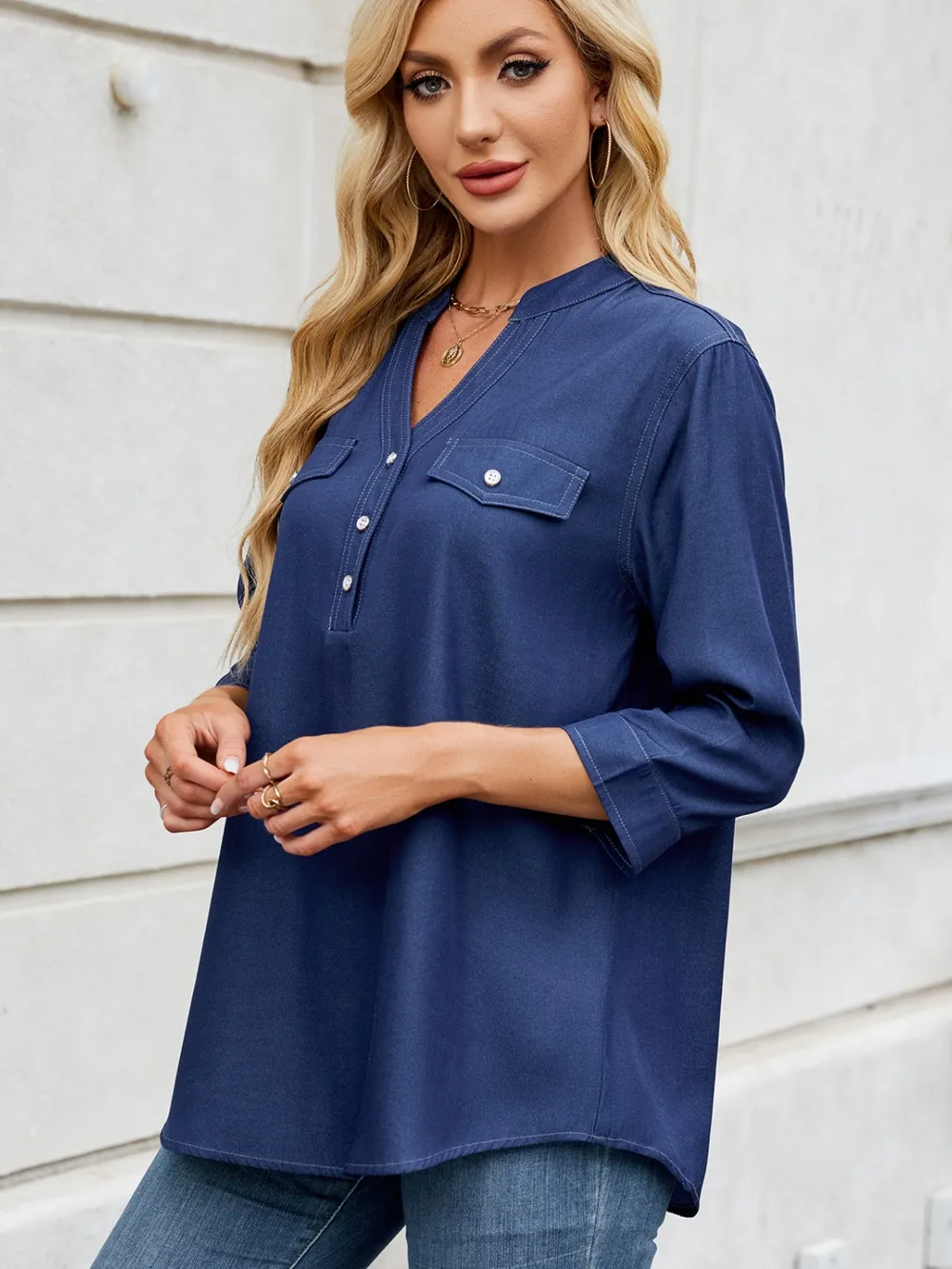 Notched Three-Quarter Sleeve Denim Top, image 3