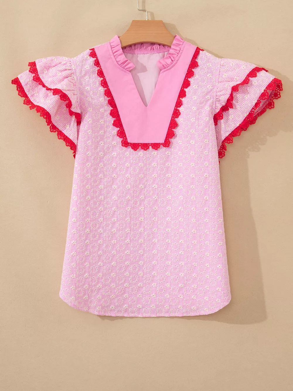Eyelet Embroidered Flower Texture Contrast Lace Trim Flutter Sleeve Blouse, image 6