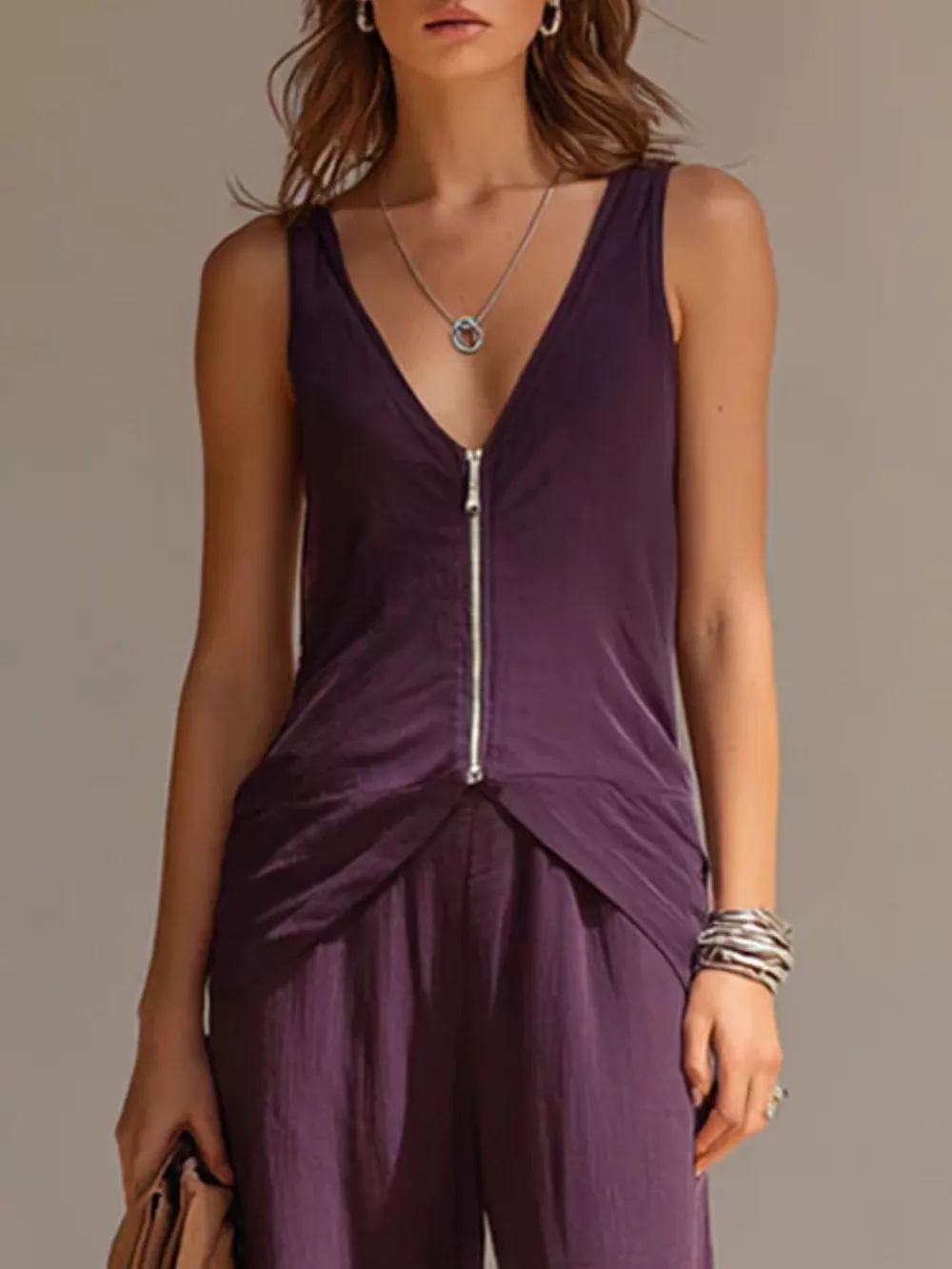 Full Size Zipper Front Tank and Wide-Leg Pants Set Plus Size, image 3