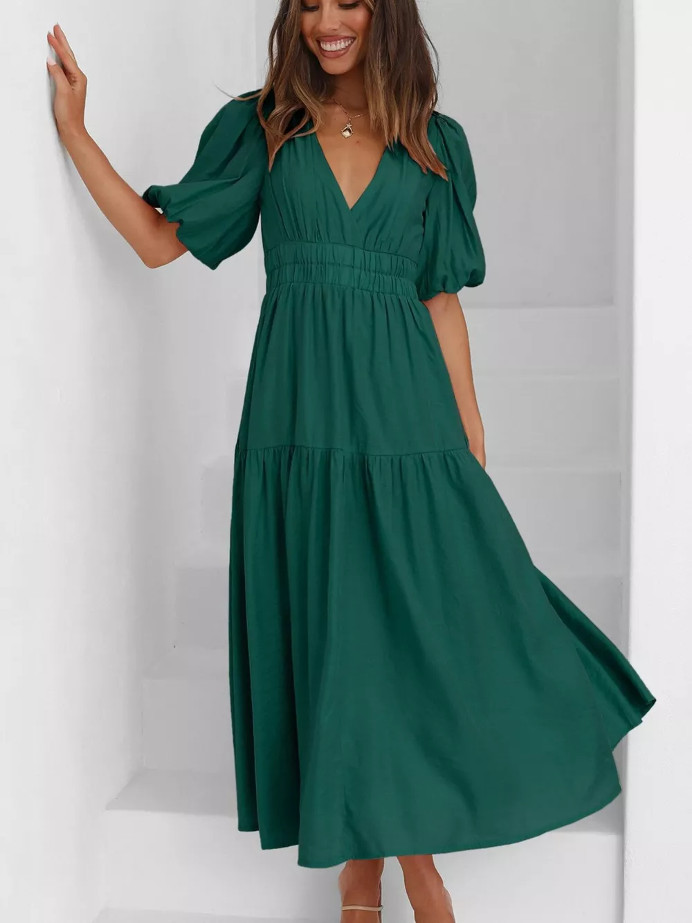 V-Neck Puff Sleeve Midi Dress, image 25