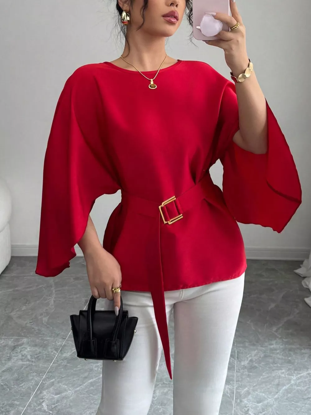 Batwing Sleeve Belted Blouse, image 10