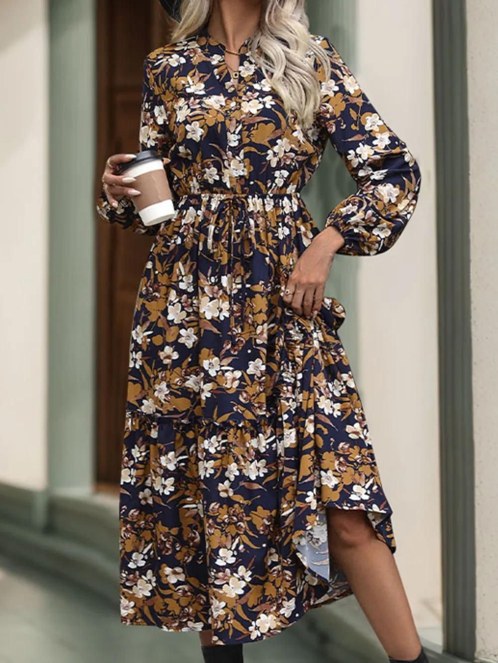 Printed Notched Long Sleeve Midi Dress, image 4