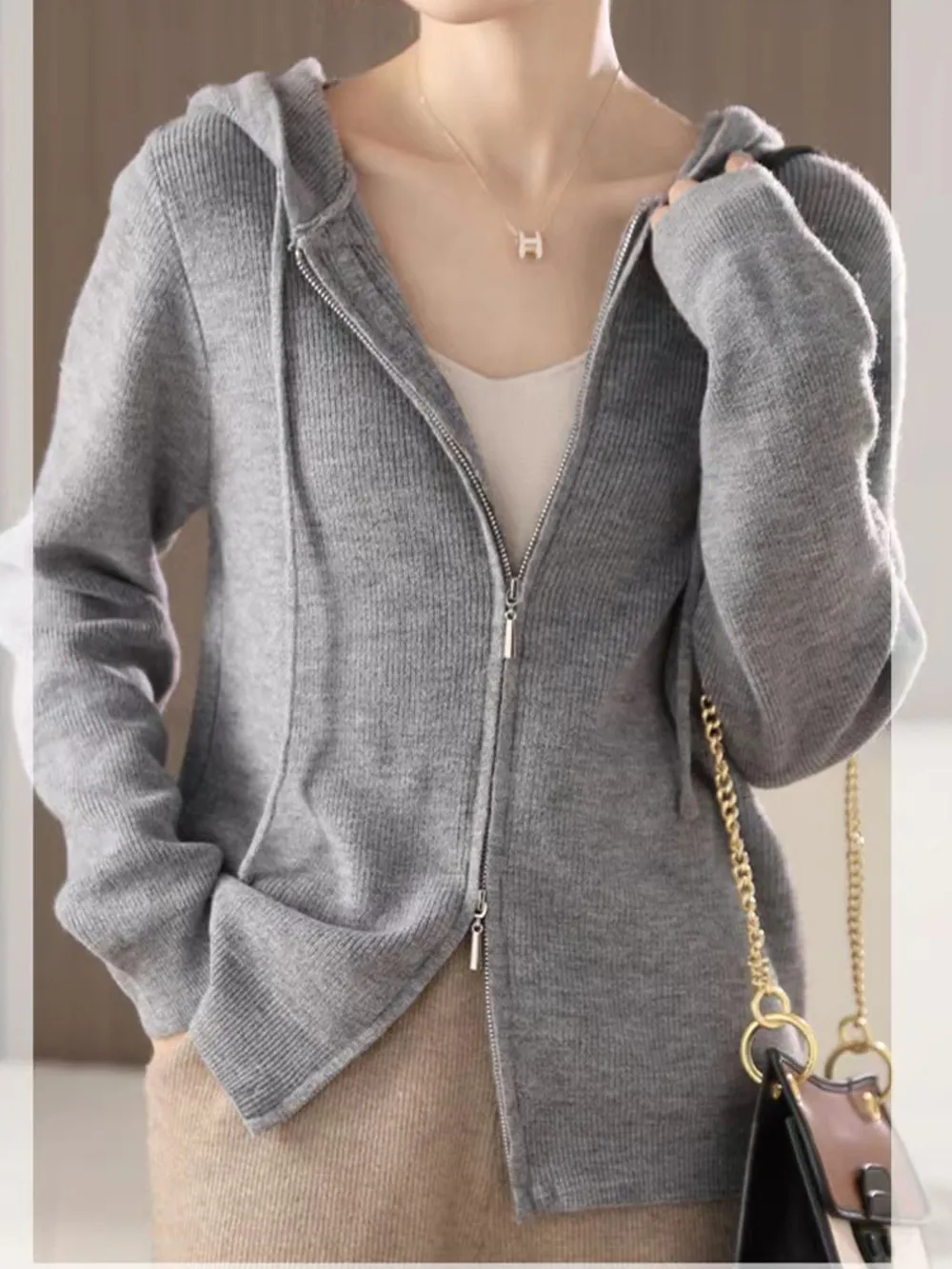 Drawstring Zip Up Long Sleeve Hooded Sweater, image 7