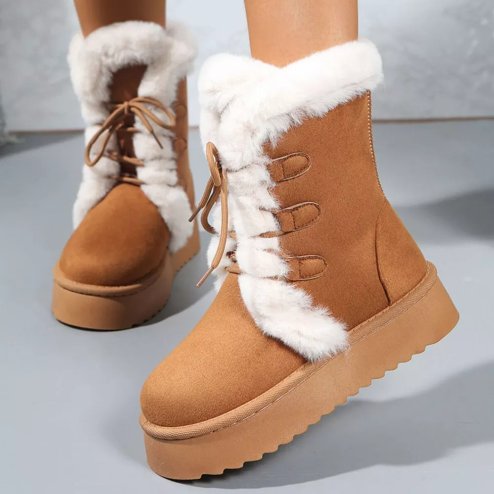 Fuzzy Trim Lace-Up Platform Boots, image 7