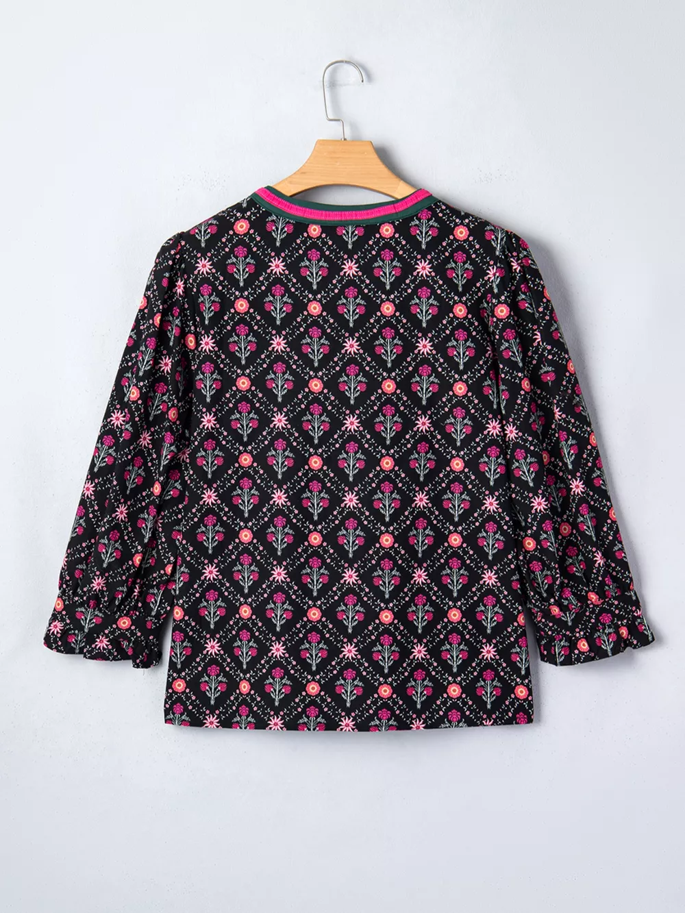 Contrast V Neckline Bracelet Sleeve Vintage Floral Blouse, image 4