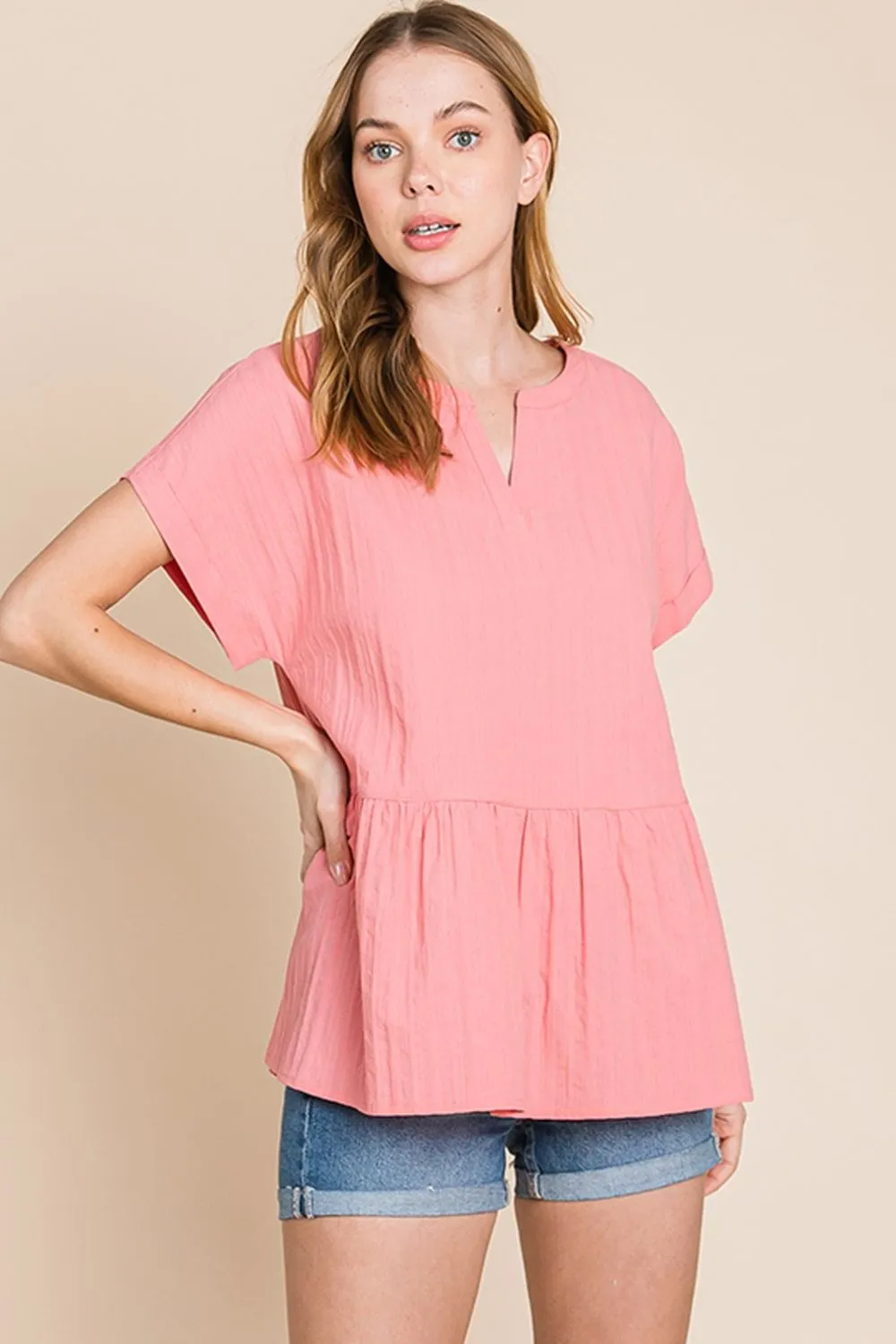 Cotton Bleu by Nu Label Notched Short Sleeve Peplum Top, image 4