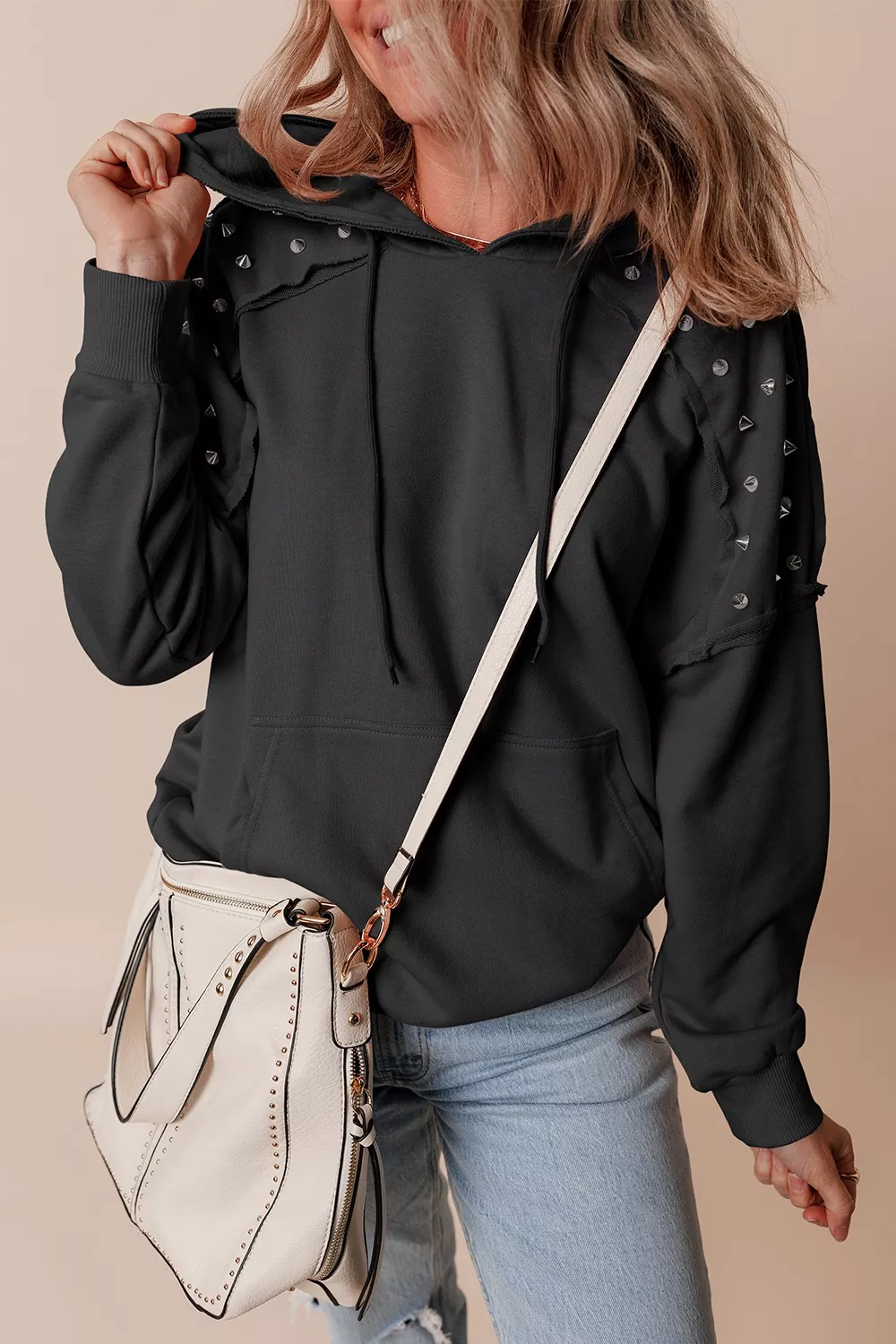 Drawstring Studded Long Sleeve Hoodie